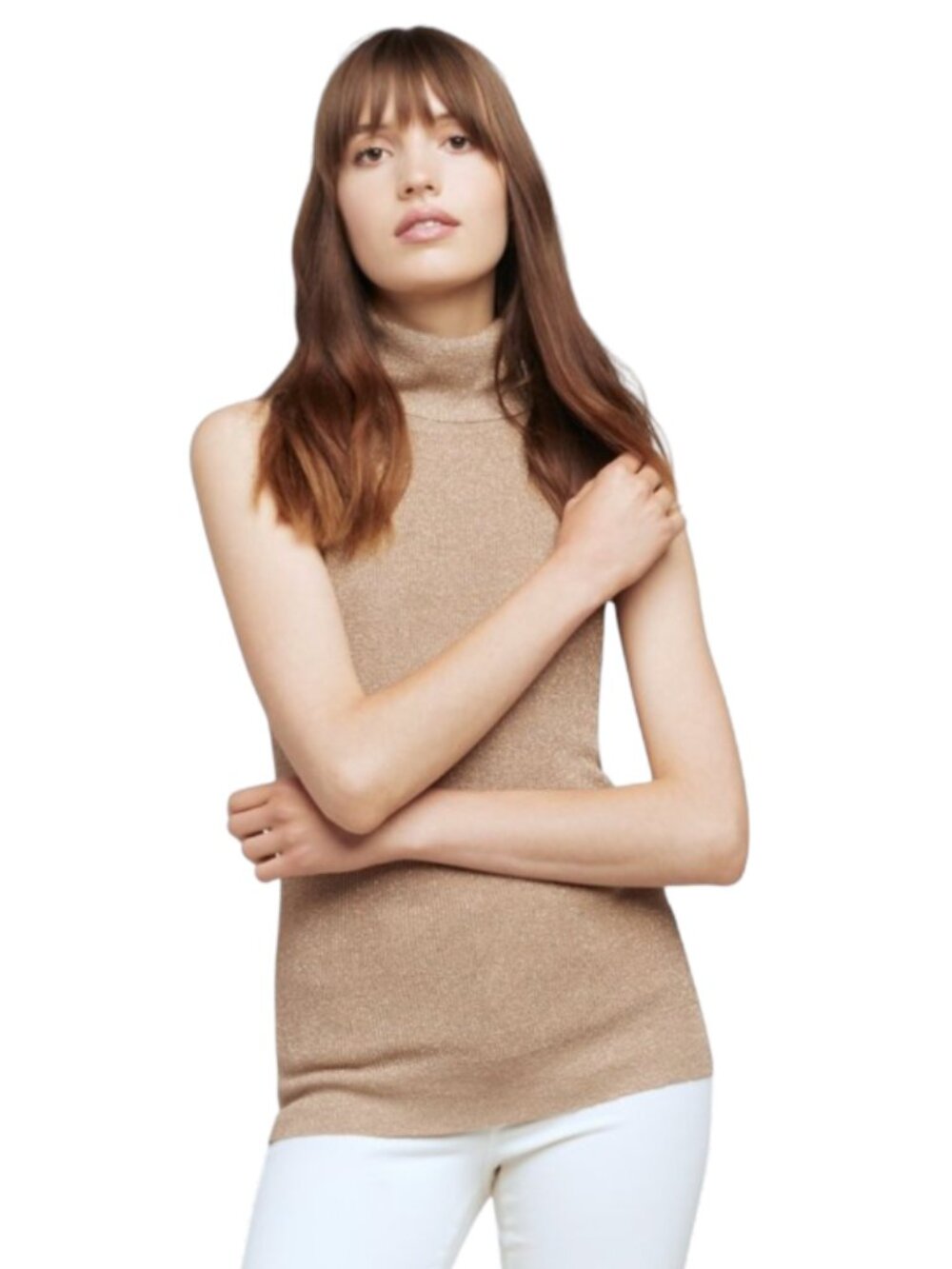L'Agence Sabrina Metallic Biscotti Turtleneck Top Shirt Womens Small Tan Stretch